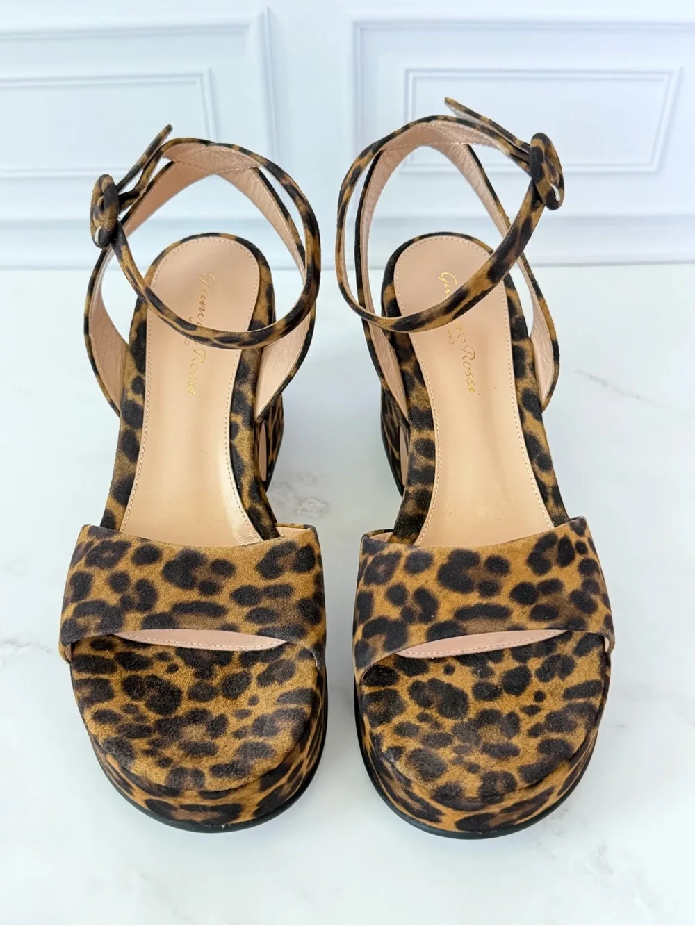 Gianvito Rossi Alma Leopard Print Platform Sandals Ankle Strap Block Heel 36.5
